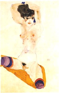 Schiele - Sitzendes nacktes Mädchen mit über dem Kopf verschränkten Armen - 1911
