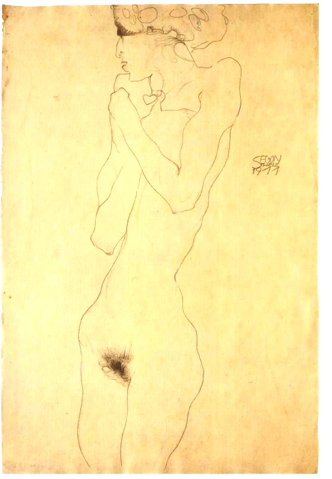 Schiele - Stehender weiblicher Akt mit über der Brust verschränk - 1911