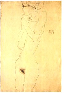 Schiele - Stehender weiblicher Akt mit über der Brust verschränk - 1911