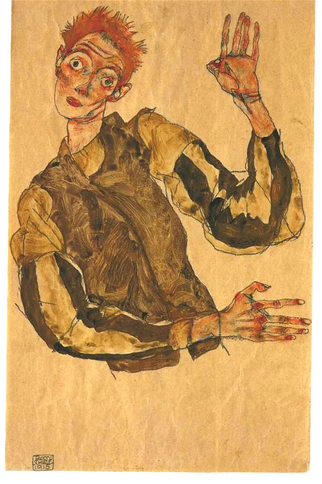 Schiele - Selbstdarstellung mit Ärmelschonern - 1915
