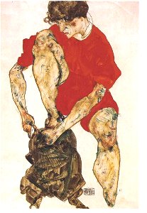 Schiele - Weibliches Modell mit feuerroter Jacke und Hose - 1914
