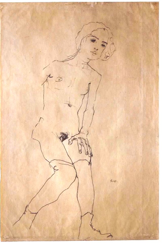 Schiele - Sitzendes nacktes Mädchen mit Strümpfen und Schuhen - 1910