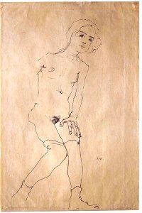 Schiele - Sitzendes nacktes Mädchen mit Strümpfen und Schuhen - 1910