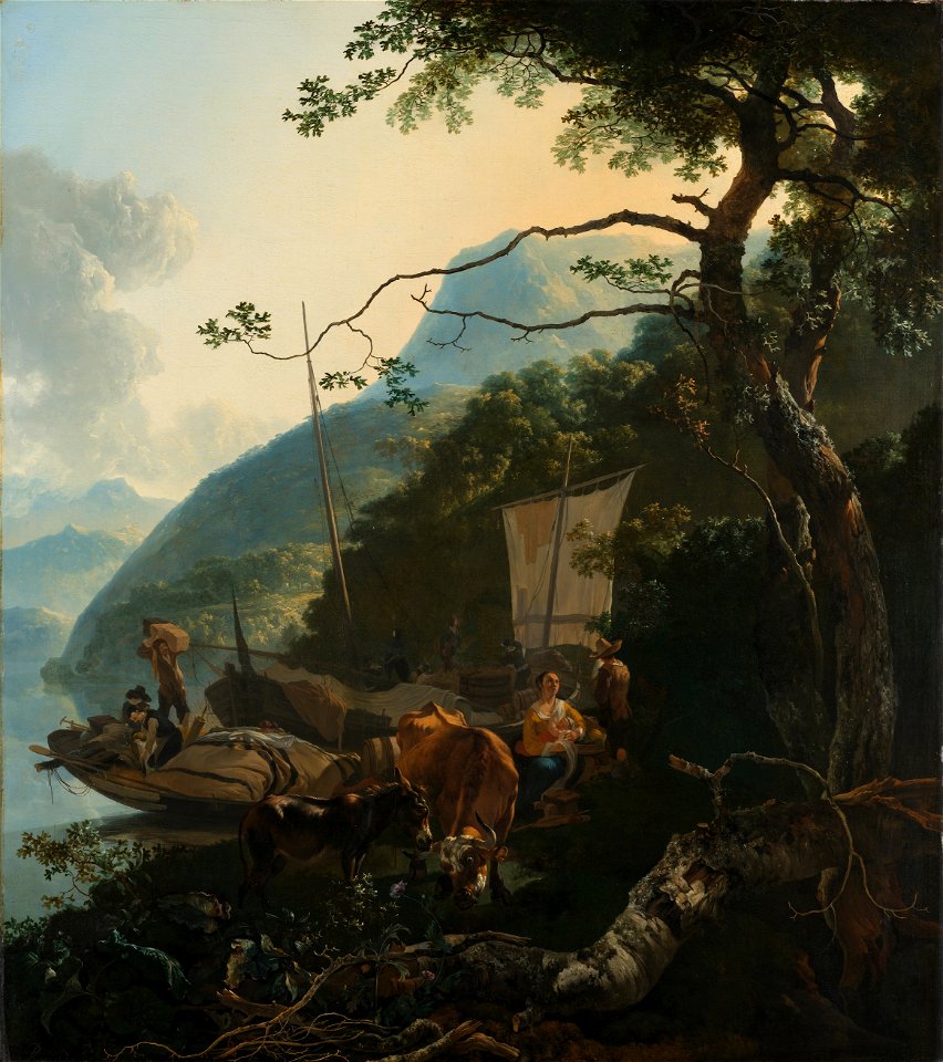 Schippers met hun boten aan de oever van een Italiaans meer Rijksmuseum SK-A-321