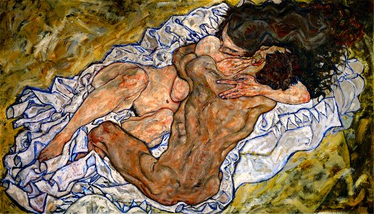 Egon Schiele - Umarmung (1917). Free illustration for personal and commercial use.