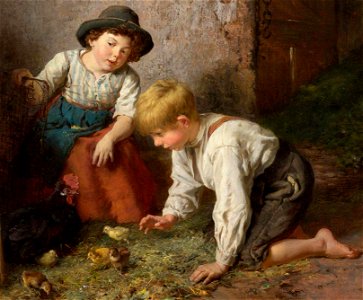 Felix Schlesinger - Zwei Kinder bei den Küken, Ausschnitt