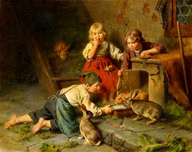 Felix Schlesinger - Drei Kinder Hasen fütternd
