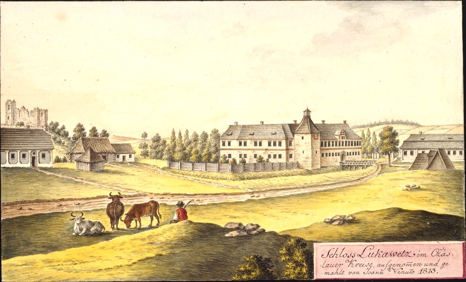 Schloss Lukawetz im Cžaslauer Kreise, aufgenommen und gemahlt von Joann Venuto 1813