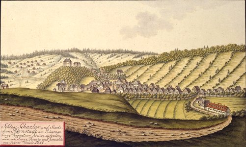 Schloss Schazlar und Staedtchen Börnstadt am Riesengebirge Kggraetzer Kreises, aufgenommen von Franz Koenig, und gemahlt von Joann Venuto 1814