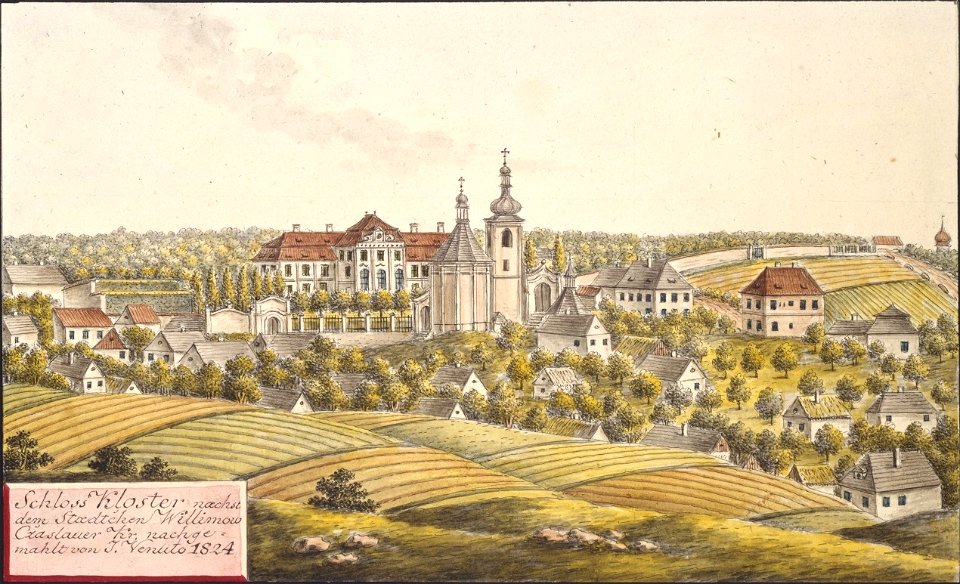 Schloss Kloster naechst dem Staedtchen Willimow Czaslauer Kr. nachgemahlt von J. Venuto 1824