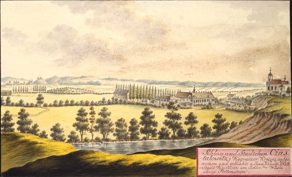Schloss und Staedtchen Czastalowitz, Kggraetzer Kreises, aufgenommen und gemahlt v. J. Venuto 1813