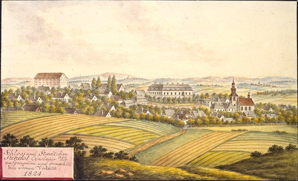 Schloss und Staedtchen Sukdol Czaslauer Kr., aufgenommen und gemahlt von Joann Venuto 1824