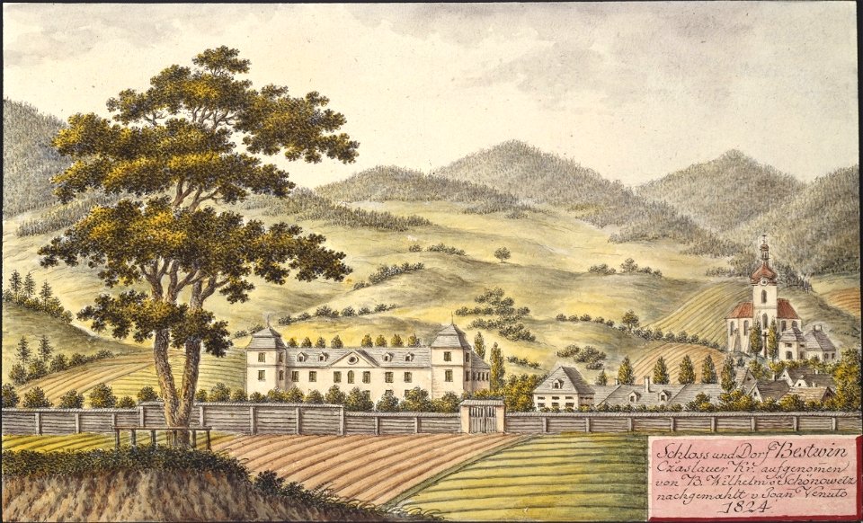 Schloss und Dorf Bestwin Czaslauer Kr. aufgenommen von B. Wilhelm Schönowetz nachgemahlt v. Joan Venuto 1824