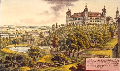 Schloss Schwarz Kostelecz Kaurzimer Kreises nach Pucherna gemahlt von J. Venuto 1819