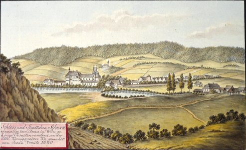 Schloss und Staedtchen Schurz ehemalige zu S. Anna in Wien gehörige Jesuitenresidenz, an der Elbe, Koeniggraetzer Kr., gemahlt von Joann Venuto 1820
