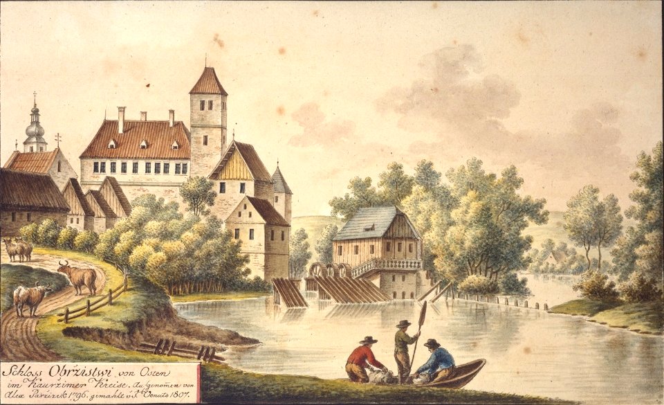 Schloss Obřzistwi von Osten im Kauržimer Kreise. Aufgenommen von Alex Paržizek 1796, gemahlt v. J. Venuto 1807