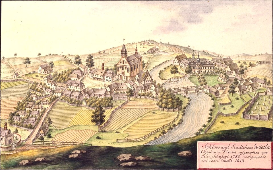 Schloss und Staedtchen Swietla Cžaslauer Kreises, aufgenommen von Felix Schubert 1782, nachgemahlt von Joan. Venuto 1813