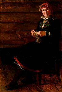August Schneider - Sittende kvinne i Setesdals-bunad - Nasjonalmuseet - NG.M.04173