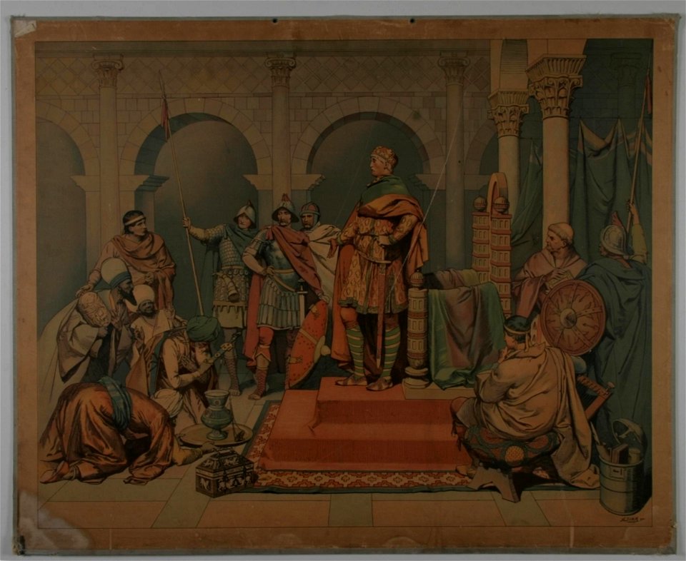 Schoolplaat Eerbewijs aan Karel de Grote (A Simm, ca 1850-1900), collectie Centre Céramique, Maastricht