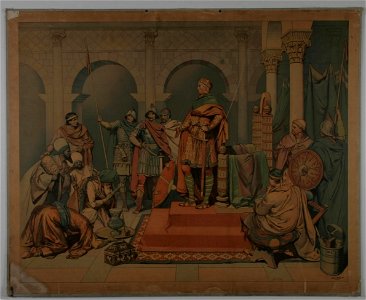 Schoolplaat Eerbewijs aan Karel de Grote (A Simm, ca 1850-1900), collectie Centre Céramique, Maastricht