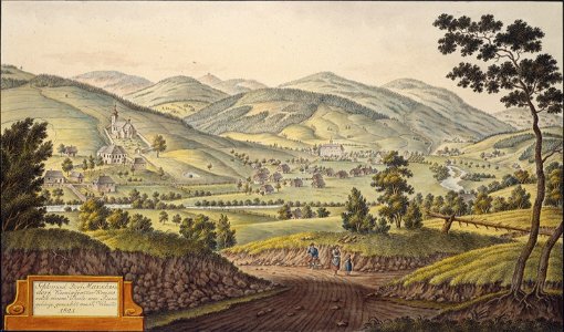 Schloss und Dorf Marschendorf, Königgraetzer Kreises nebst einem Theile vom Riesengebirge, gemahlt von J. Venuto 1821