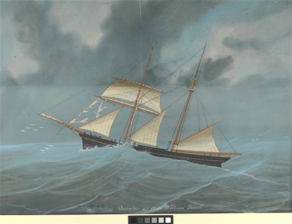Schooner John Blackwell with a sail torn away, December 4 1863. William Jewell RMG py0681