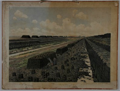 Schoolplaat Nederland in woord en beeld - Turfwinning in Drenthe (P R Bos, B Bueninck, uitg J B Wolters.1915), collectie Centre Céramique, Maastricht