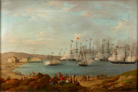 Style of Anton Schranz - The international squadron carrying Prince Otto of Bavaria to become King of Greece firing a salute off Nafplio, February 1833