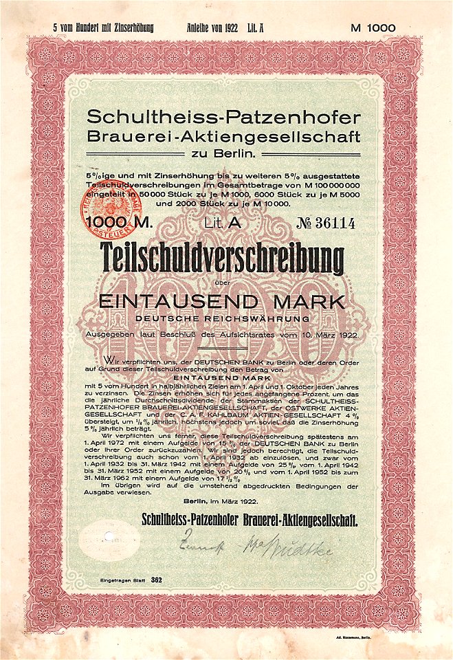Schultheiss-Patzenhofer Brauerei-AG 1000 Mk 1922