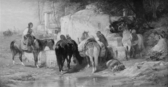 Adolf Schreyer - Arab Horsemen Resting at a Fountain - 97.232 - Museum of Fine Arts