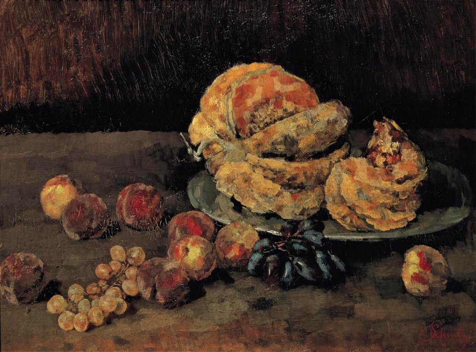 Carl Schuch, Stillleben mit Kürbis, Pfirsich und Weintrauben, um 1884