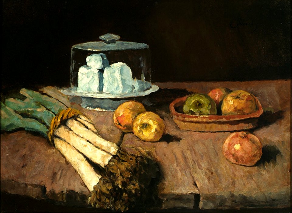 Carl Schuch - Stilleben mit Porreebündel, Äpfeln und Käseglocke (1888)