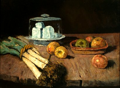 Carl Schuch - Stilleben mit Porreebündel, Äpfeln und Käseglocke (1888)