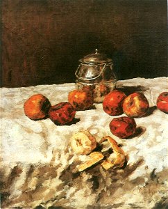 Carl Schuch - Äpfel auf Weiß; mit Blechdose, Messer und geschältem Apfel