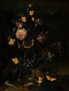 Otto Marseus van Schrieck - Bossstilleven met bloemen en reptielen (1673)