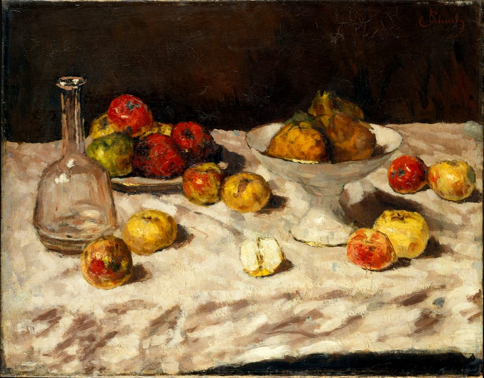 Carl Schuch - Stillleben mit Äpfeln, Birnen und einer Karaffe (1888)