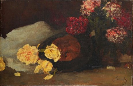 Carl Schuch - Stilleben mit Teerosen, Päonien und Chapeau Claque
