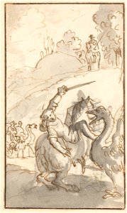 Sancho Panza vechtend met een struisvogel