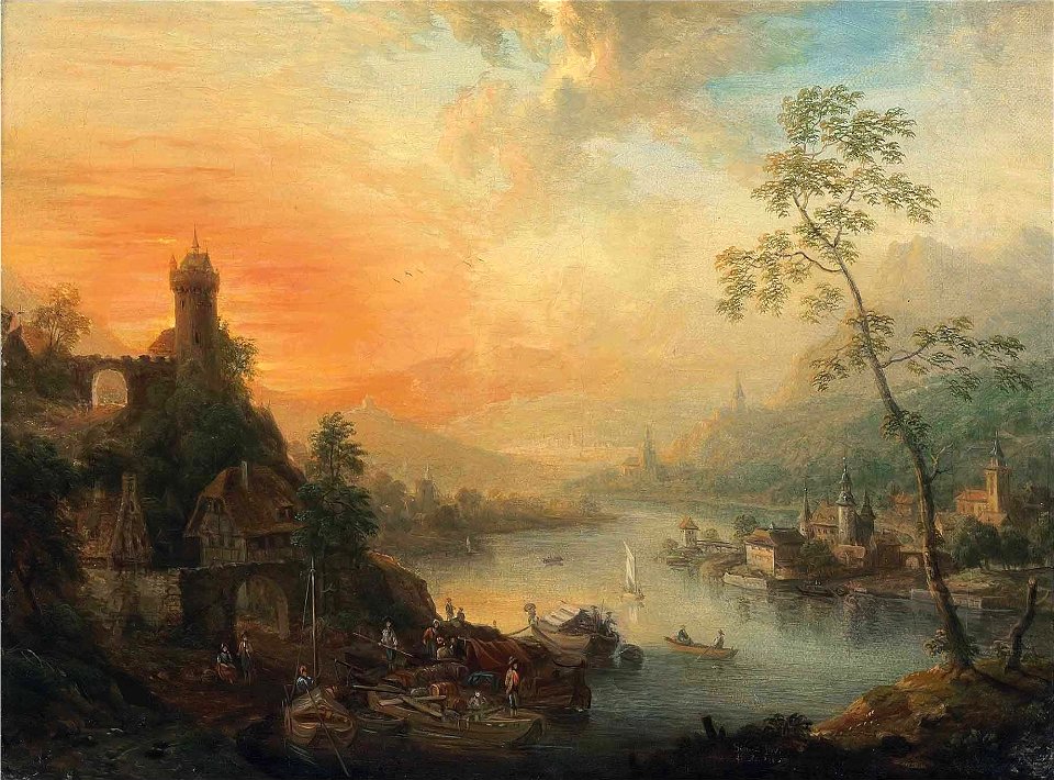 Christian Georg Schütz d.Ä. - Eine Flusslandschaft bei Sonnenuntergang (1765)