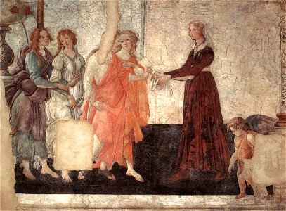 Sandro Botticelli - Venus and the Three Graces Presenting Gifts to a Young Woman - WGA2778. Free illustration for personal and commercial use.