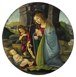 Sandro Botticelli y taller - La Virgen adorando al niño Jesús y San Juan Bautista, c. 1480-90. Free illustration for personal and commercial use.