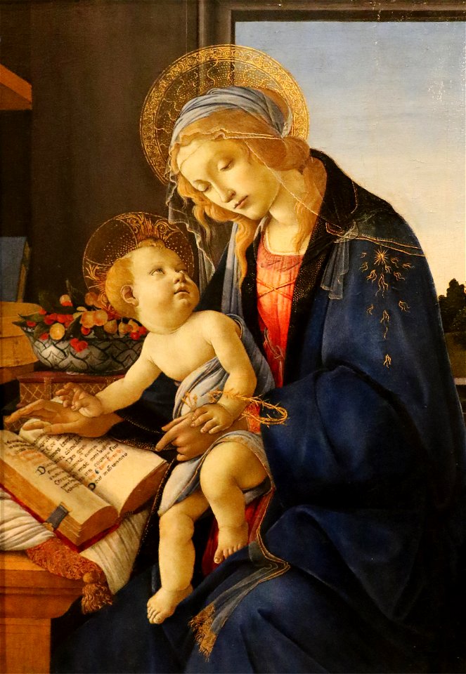 Sandro Botticelli (1445-1510) - Madonna col Bambino (Madonna del libro) (1480-81) tempera su tavola dimensioni altezza 59 cm; larghezza 39.6 cm - Museo Poldi Pezzoli - Milano. Free illustration for personal and commercial use.