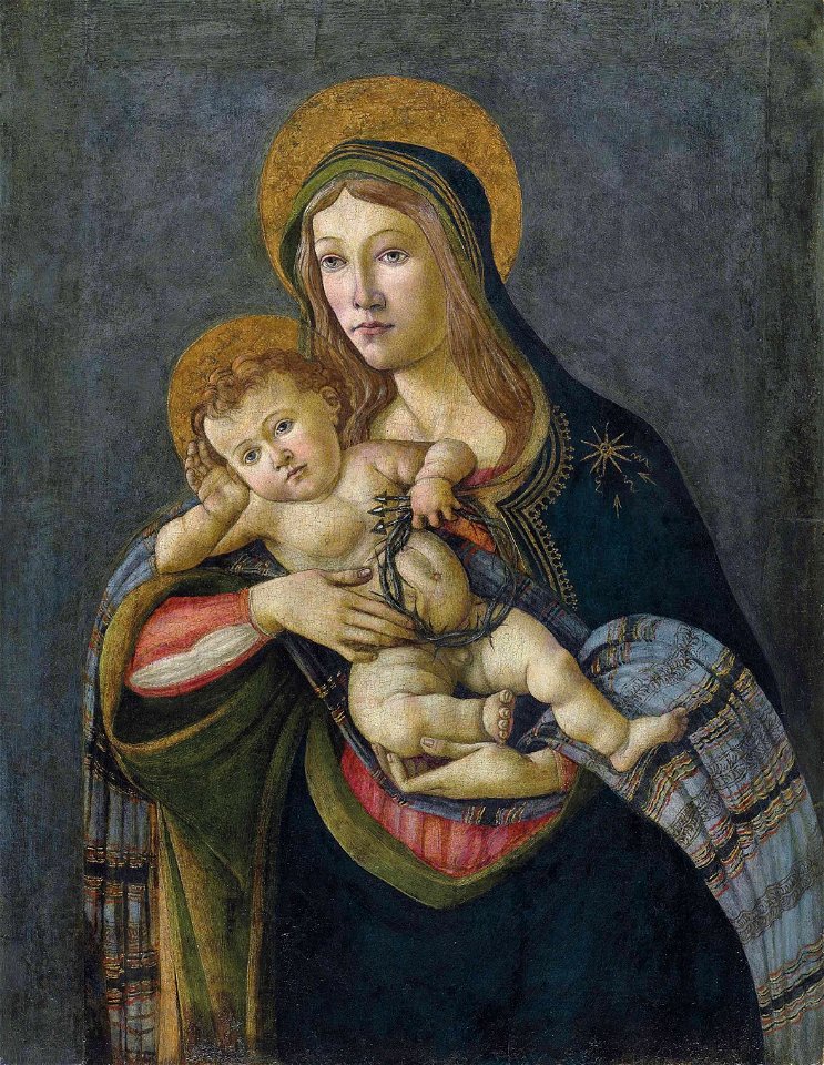 Sandro Botticelli - La Virgen y el Niño con la corona de espinas y tres clavos, c. 1480-90