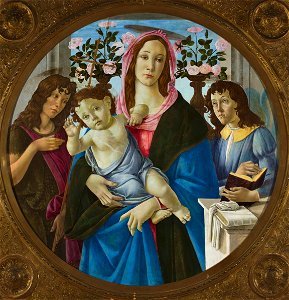 Sandro Botticelli - Madonna z Dzieciątkiem, Św. Janem i Aniołem. Free illustration for personal and commercial use.