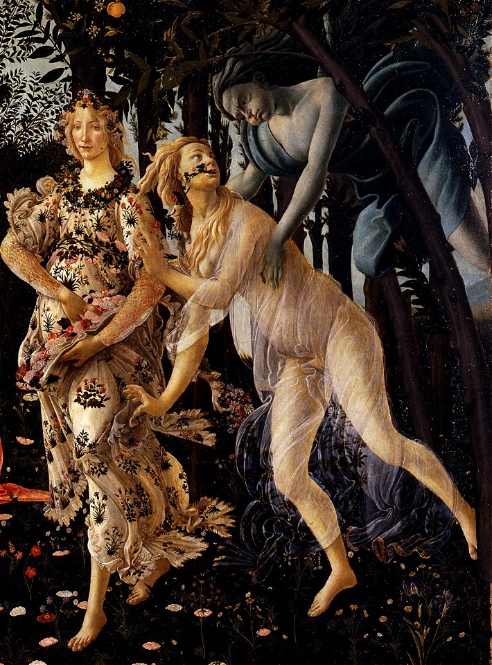 Sandro Botticelli - La Primavera - Google Art Project (cropped) (Chloris+Zephyrus=Flora). Free illustration for personal and commercial use.