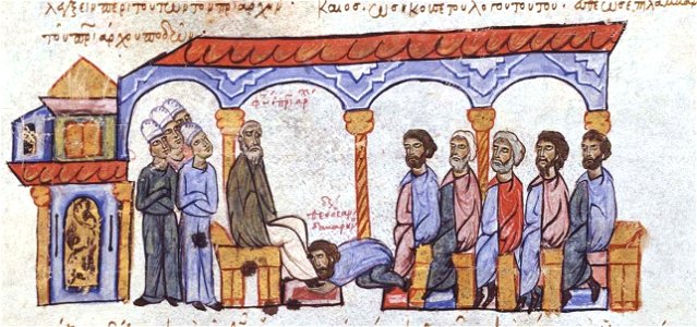 Santabarenos the monk throws himself at the feet of Patriarch Photios