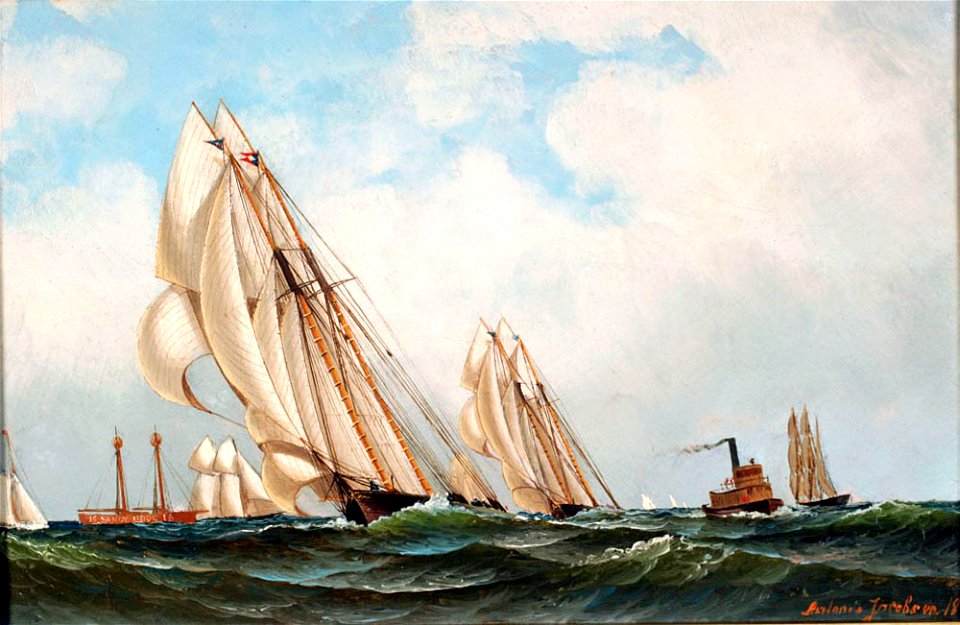 Sappho Leads Past Sandy Hook Lightship, by Antonio Jacobsen (One of a Pair with Vision & Dauntless) 6722