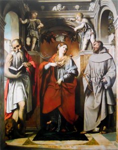 Santa Margherita d'Antiochia tra i santi Girolamo e san Francesco d'Assisi. Free illustration for personal and commercial use.