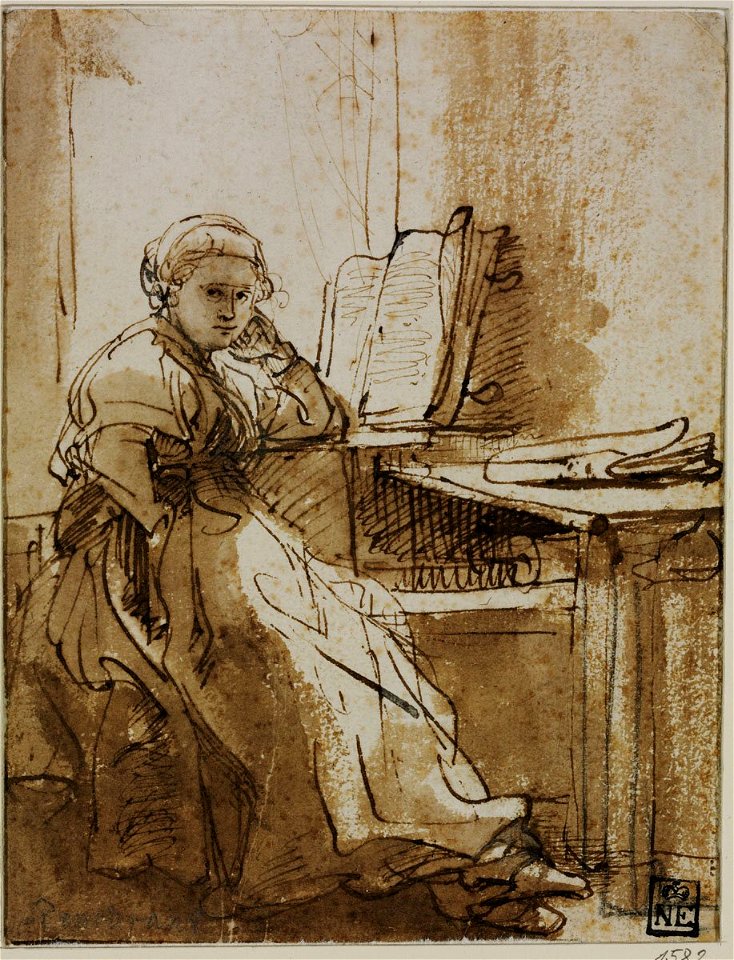 Saskia sitting by a window, Rembrandt van Rijn, 1635 to 1638, drawing, 164 by 125 mm, Szépművészeti Múzeum, Budapest. Free illustration for personal and commercial use.