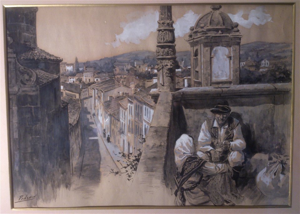 Santiago de Compostela, desde atrio Hospital Real, acuarela por Mariano Pedrero